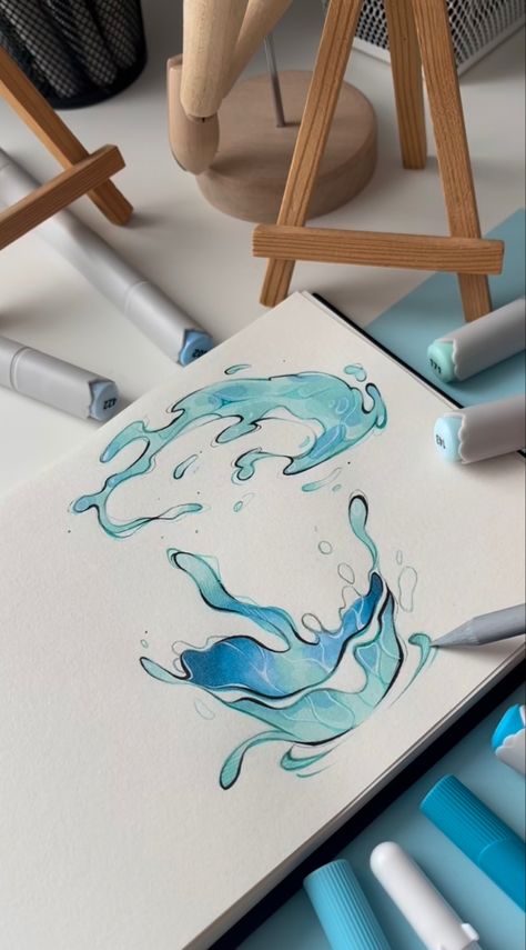 Marker Pen Drawing Ideas, Coptic Marker Art, Blue Drawing Ideas, Elemental Drawing, Blue Things To Draw, How To Draw Water, Copic Marker Drawings, Art Markers Drawing, Copic Marker Art