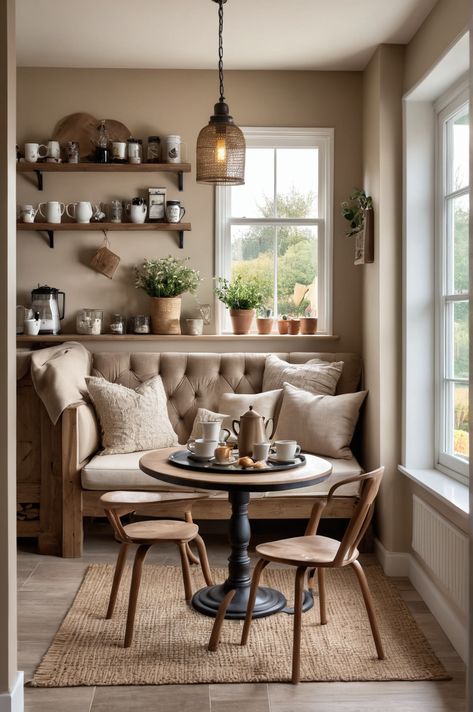 10 Ideas and Inspiration for Farmhouse Style Coffee Nooks - afullmug.com Coffee Sitting Area, Coffee Nook Ideas Small Spaces, Coffee Seating Area, Coffee Nook Ideas, Cozy Nook Ideas, Coffee Nooks, Nook Inspiration, Coffee Mug Display, Coffee Table Inspiration