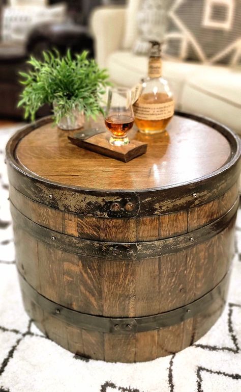 Half Whiskey / Bourbon Barrel Coffee Table ~ Handcrafted From A Reclaimed Whiskey / Bourbon Barrel Vintage Spring Decor, Home Lounge Room Bar, Wine Barrel Coffee Table, Bar Lounge Room, Bar Nook, Whiskey Lounge, Bourbon Room, Wine Barrel Table, Barrel Coffee Table