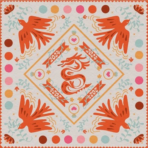 Bandana design for 2024 Year of the Dragon Year Of The Dragon Illustration, Year Of The Dragon 2024 Coloring Page, Year Of The Dragon 2024, Year Of The Wood Dragon 2024, Dragon Chinese New Year Illustration, Chinese Dragon Graphic Design, Bandana Design, Happy Year, Year Of The Dragon