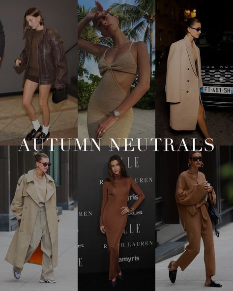 Colour Analysis for the Autumn Season Neutrals Hailey Bieber Autumn Style, Hailey Bieber Soft Autumn, Gigi Hadid Soft Autumn, Deep Autumn Neutrals, Dark Autumn Celebrity, Fall Hailey Bieber, Autumn True, Autumn Neutrals, Autumn Queen