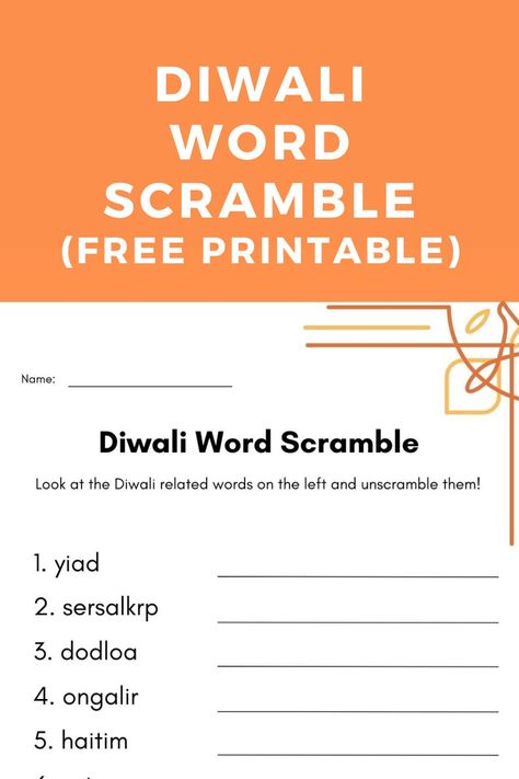 Diwali Word Scramble free printable pin. Diwali Word Scramble, Diwali Activities, Jumbled Words, Activity Sheets For Kids, Free Printable Activities, Halloween Preschool, Printables Free Kids, Indian Party, Word Scramble