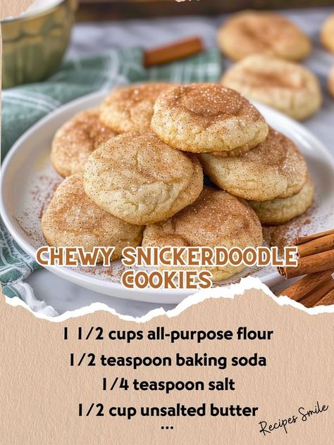 Recipes Smile | Chewy Snickerdoodle Cookies | Facebook Chewy Snickerdoodle Cookies Recipes, Bakery Style Snickerdoodle Cookies, Brown Butter Snickerdoodle Cookies, Chewy Cookies Recipes, Snickerdoodle Cookies Soft, Chewy Snickerdoodle Cookies, Snickerdoodles Cookies, Snickerdoodle Cookies Recipe, Easy Snickerdoodles