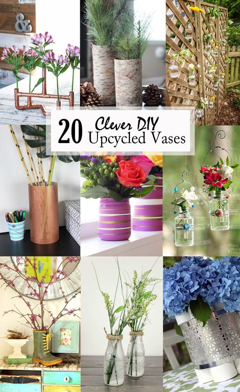 20 Clever DIY Upcycled Vases - These 20 clever upcycled vases show just a few creative ways you can make a vase from items you already own or that can be found at a low price. There are many options, and I hope these ideas inspire you to think outside the box. via @prettyhandygirl Mini Clay Pot Crafts, Upcycling Crafts, Quirky Vases, Diy Container, Modern Farmhouse Ideas, Frugal Wedding, Inflammatory Recipes, Old Glass Bottles, Upcycled Projects