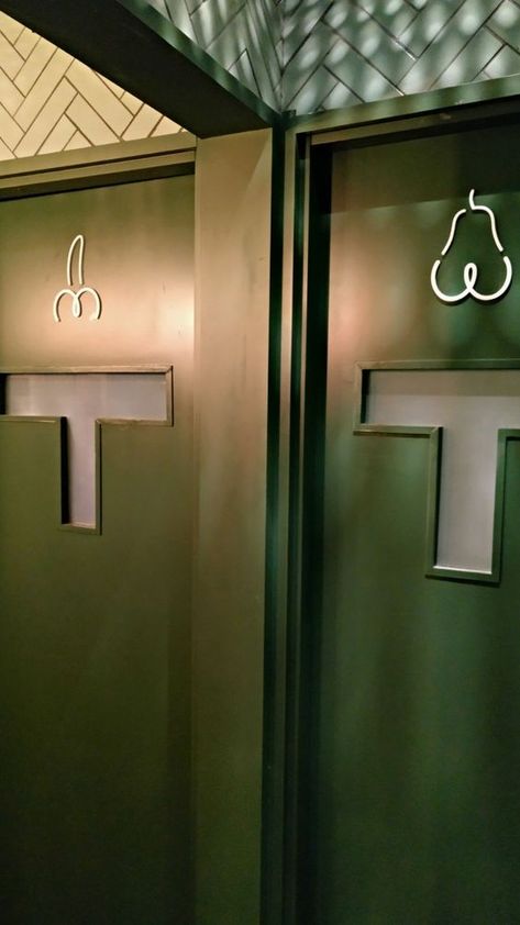 Simple "His and/or Hers" indicators... no question which-is-which here. Toilet Signage Design, Modern Restroom Design, Toilet Signage, Toilet Doors, Gender Signs, Wc Ideas, Restrooms Signage, Wc Sign, Toilet Signs