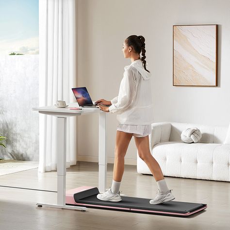 Do you like pink? Our pink P1 walking treadmill is coming. It retains the folding function of the P1 treadmill, and you can match your white standing desk or candy-colored decorated room with this pink treadmill. After entertainment and work, walking is a great way to get some natural physical activity without going to the gym. Easily optimize your health and wellness. Life should be colorful! Unique Foldable Design: 180-degree folding, greatly reducing the occupied area. Remote Display Screen: Instead of a data screen panel, P1 comes with the display screen on the remote control. Comfortable Track: Add an EVA layer into the walking belt to protect your ankles and makes them smoother while running. Foot-Sensing Speed Control: Smart speed control, controlling speed with your feet ( With “A” Rower Workout, Treadmill Desk, Walking Pad, Foldable Treadmill, Treadmill Walking, Folding Treadmill, Shoulder Massage, Running On Treadmill, Meditation Cushion