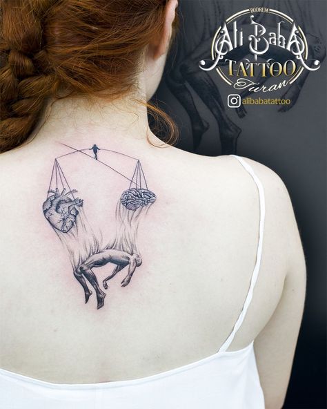 Libra Tattoo Heart And Brain, Guy Falling Tattoo, Balance Tattoo Men, Life Balance Tattoo, Acrobat Tattoo, Balance Heart And Brain Tattoo, Heart And Brain Scale Tattoo, Falling Man Tattoo, Balance Tattoos