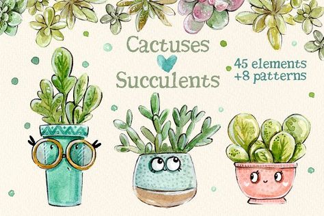 Cacti & Succulents Set +8 patterns by Kristina Crocus on @creativemarket Funny Characters, 동화 삽화, Watercolor Elements, Indoor Gardens, Animal Cookies, Watercolor Images, Funny Character, Business Illustration, Watercolor Drawing