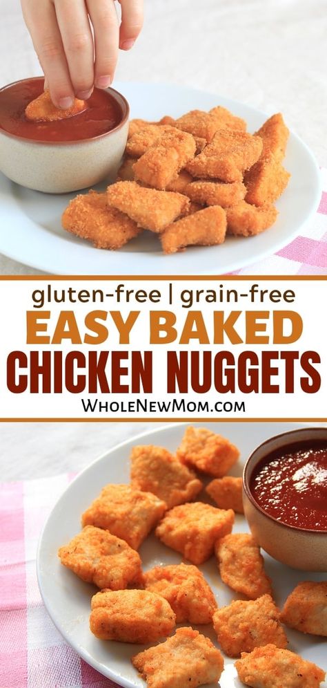 These Easy Baked Gluten-free Chicken Nuggets taste like you spent a TON of time in the kitchen. But they come together in a flash. Grain & Egg Free and they freeze well too! | baked nuggets | healthy nuggets | kid friendly recipes || Whole New Mom #glutenfreechickennuggets #lowcarbchickenrecipes #easydinnerrecipes #healthyrecipes #easychickenrecipes #thmchickenrecipes #AIPchickennuggets #dairyfreechickenrecipes #ketochickenrecipes Baked Nuggets, Healthy Nuggets, Gluten Free Chicken Nuggets, Healthy Chicken Nuggets, Baked Chicken Nuggets, Homemade Chicken Nuggets, Great Chicken Recipes, Chicken Nugget Recipes, Nuggets Recipe