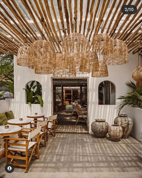 Restaurant Interior Design Wood Modern, Amakan Design Restaurant, Restaurant Boho Interior Design, Tulum Interior Design Restaurant, Boho Theme Restaurant, Tulum Inspired Restaurant, Bali Style Restaurant, Boho Chic Restaurant Interior Design, Outdoor Restaurant Design Seating Areas