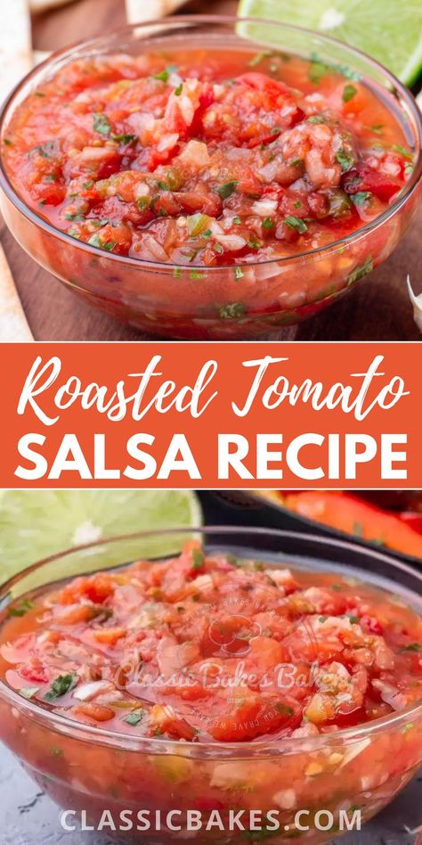 A party isn't complete without salsa. To make this roasted tomato salsa, we roasted tomatoes, garlic, onions, and jalapeños until the tomato skins were blistered and charred. Next, we added them to a food processor and pulsed the vegetables into smaller pieces, so the salsa would still have some texture. We also added a bit of sugar to contrast the spicy flavor created by the jalapeños and a bit of lime juice to add an acidic taste. Tomatoes And Jalapenos, Tomato Skins, Spicy Salsa Recipe, Roasted Tomato Salsa Recipe, Roasted Tomato Salsa, Salsa Recipes, Spicy Salsa, Roasted Tomato, Salsa Recipe