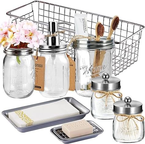 Mason Jar Bathroom Accessories Set 8 PCS-Lotion Soap Dispenser,Toothbrush Holder,2 Apothecary Jars, Flower Vase,Soap Holder,Vanity Tray,Toilet Paper Holder Storage Bin,Farmhouse Decor (Brushed Nickel) Mason Jar Toothbrush Holder, Farmhouse Bathroom Accessories, Bathroom Vanity Tray, Colored Mason Jars, Mason Jar Soap Dispenser, Mason Jar Bathroom, Bathroom Necessities, Bathroom Accessories Set, Mason Jar Flowers