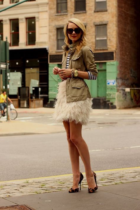 feather skirt... White Feather Skirt, Olive Military Jacket, Feather Skirt, Atlantic Pacific, Saint James, Karen Walker, Styling Ideas, Nixon, Mode Inspiration