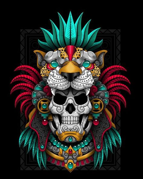 Mexican Skull Art, Aztec Tattoos Sleeve, Aztec Skull, Aztec Drawing, Aztec Artwork, Skeleton Artwork, Aztec Tattoos, Mayan Tattoos, Bike Artwork