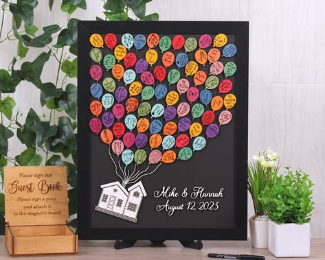 Up Guest Book, Up Themed Wedding Decorations, Up Wedding Theme, Up Themed Wedding, Disney Up Wedding, Up House With Balloons, Wedding Guestbook Sign, Up Pixar, Our Adventure Book