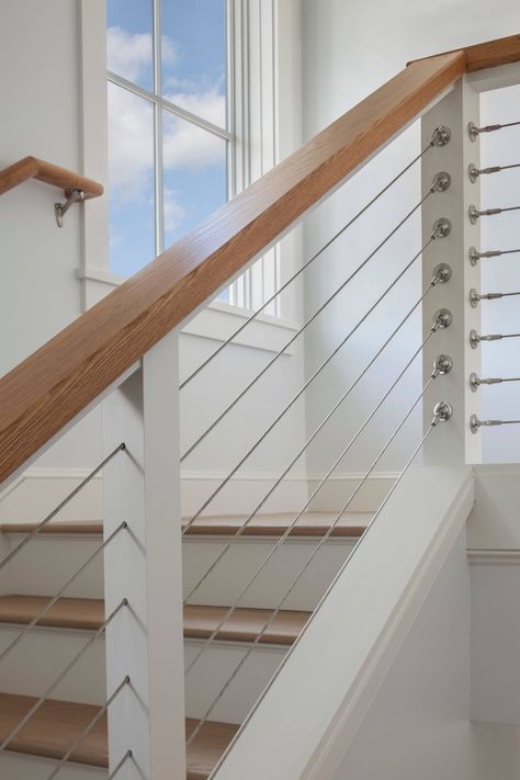 Coastal Maine Home - Transitional - Staircase - Portland Maine - by Peter B. Rice & Co | Houzz Narrow Staircase Ideas, Beach House Staircase, Cable Railing Interior, Beach House Stairs, Basement Redesign, Transitional Staircase, Transitional Coastal, Narrow Staircase, Contemporary Staircase