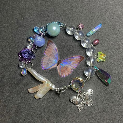 *ੈ✩‧₊• ‘morpho aurora’ blue / white / purple... - Depop Downtown Mtv, Diy Necklaces, Indie Jewelry, Blue Morpho, Charm Chain, White Butterfly, Diy Stuff, Bead Charm Bracelet, The Butterfly