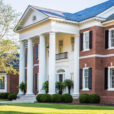 Greek Revival Home Exterior, Colonial House Remodel, Southern Colonial Homes, Brick Colonial House, C Brandon Ingram, Red Brick Exteriors, Southern Colonial, Greek Revival Home, Southern Mansions