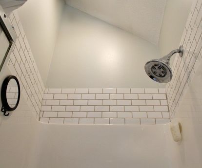 Fiberglass Shower Stalls, Painted Shower Tile, Huge Shower, Shower Inserts, Fiberglass Shower, Painting Shower, Shower Surround, Bathroom Redo, Shower Remodel