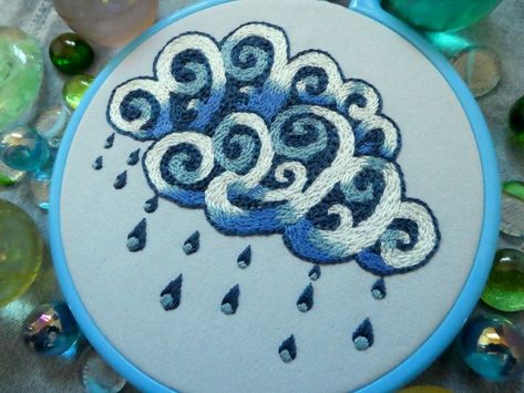 Cloud Embroidery, Stormy Clouds, Contemporary Embroidery, Visible Mending, Rain Cloud, Embroidered Art, Rain Clouds, Embroidery Ideas, A Rainy Day