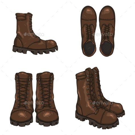 Set of Vector Cartoon Army Boots Male Boots Drawing, Hiking Boots Drawing Reference, Leather Boots Drawing, Army Boots Drawing, Boots Drawing Reference Front View, How To Draw Boots, Boots Back View, Combat Boots Drawing, Boots Front View