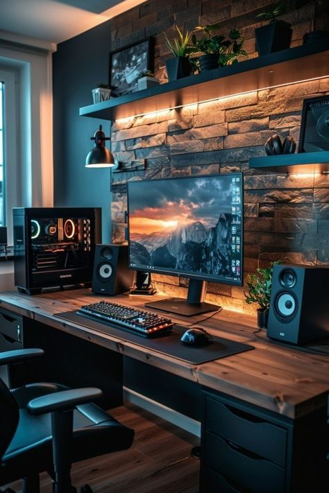 Home Office Pc Setup, Modern Gamer Office, Tresanti Desk Setup, 3 Monitor Desk Setup Gaming, Floating Shelves Gaming Setup, Behind Monitor Decor, Men’s Home Office Bedroom, Gamer Setup Boy, Best Home Office Design