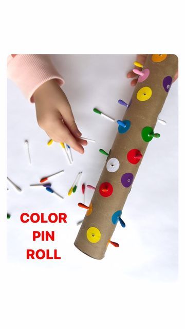 Rozanne | Bright Little Brains on Instagram: "Lana loved this easy DIY color pin activity! 🙌🏻 Such a great way to develop focus, concentration, fine motor skills and handeyecoordination! You’ll need: 🔴 A Kitchen towel roll 🟣 Dot stickers (Amazon- link in bio) 🟡 Drill or srewdriver 🟢 Q-tips ⬇️ ⭐️ We colored the tips with paint but you can also color it with food coloring. SAVE to try! #learningthroughplay #recycleandplay #playbasedlearning #playhack #kidsactivities #playideas #easypla Toddler Activities With Toilet Roll, Montessori Fine Motor Activities, Stickers Activity, Sensory Classroom, Stickers Amazon, Steam Lessons, Focus Concentration, Dot Stickers, Diy Space