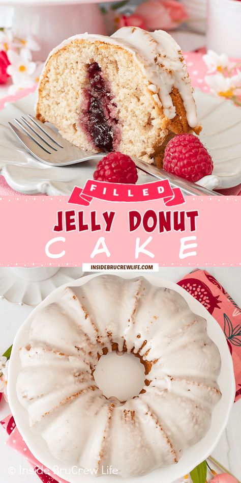 This Jelly Donut Cake is a delicious way to celebrate any occasion. It has hidden pockets of raspberry jam and a sweet glaze on top, so everyone will enjoy it. Donut Bundt Cake, Jelly Donut, Spice Cake Recipes, Sweet Glaze, Donut Cake, Bundt Cake Recipe, Breaking Bread, Mini Bundt Cakes, Doughnut Cake