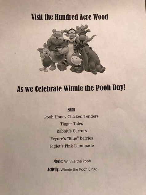 Menu Winnie The Pooh Dinner And A Movie, Winnie The Pooh Movie Night, Disney Dinner And Movie Night, Winnie The Pooh Movie, Winnie The Pooh Day, Themed Meals, Themed Nights, Disney Movie Night Dinner, Disney Menus