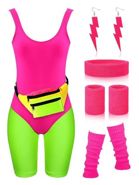 PRICES MAY VARY. 80s Outfit for Women Set: you will receive 1 one-piece swimsuit, 1 pair of workout shorts, 1 wristlet set, 1 headband, 1 neon colored fanny pack, 1 pair of leg warmers and 1 pair of earrings, delicate combination to meet your 80s clothing needs Stretchy and Breathable: this one-piece swimsuit and yoga pants are mainly made of polyester, swimsuit padding, opaque, not easy to fade; These jogging pants are stretchy and flexible, light and breathable, and 80s workout costumes for wo