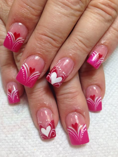 Heart Nail Designs Pink, Valentines Day Toenails, Valentin Nails Designs Love, Nails February Valentines Day, Classy Valentines Nails, Valentine French Nails, Valentine Nails Gel, Feb Nails Valentines Day, French Tip Valentines Day Nails