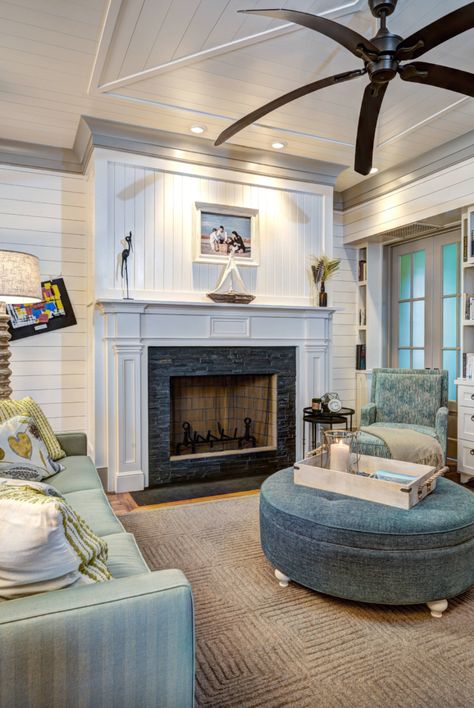 This breezy beach house provides a serene sanctuary on Sullivan’s Island Elevated Beach House, Living Room Mantel, Dream Beach Houses, Coastal Living Rooms, Carolina Beach, Living Room Ceiling, Fireplace Tile, Family Room Design, Fireplace Design