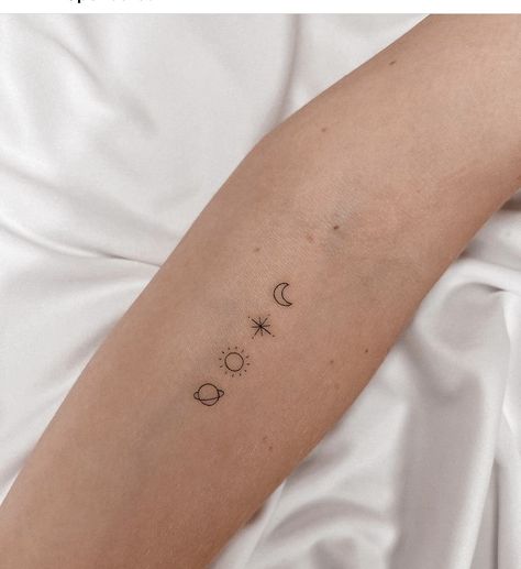 Sun Moon Star Saturn Tattoo, Moon And Saturn Fine Line Tattoo, Sun Moon Saturn Tattoo, Tiny Star Tattoo, Trio Tattoos, Tattoo Breast, Luna Tattoo, Floral Back Tattoos, Saturn Tattoo