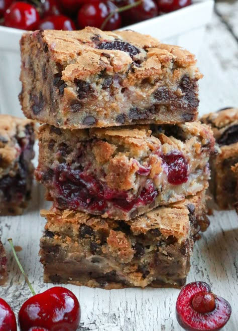 Cherry Chocolate Chip Blondies - Lepp Farm Market Cherry Chocolate Recipes, Osoyoos Bc, Chocolate Blondies, Cherry Bars, Chocolate Chip Blondies, Cookie Cake Pie, Cherry Cookies, Chocolate Chip Bars, Fudge Bars