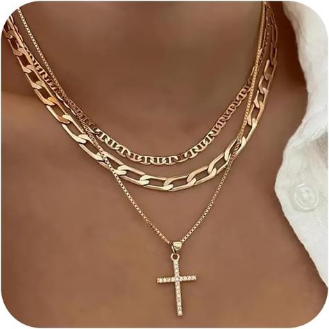 Gold cross jewelry stack - aesthetic - gold girl Layering With Cross Necklace, A Cross Necklace, Cross Necklace For Women, Necklaces Dainty, Necklace Cross, Simple Diamonds, Gold Cross Necklace, Dainty Gold Necklace, Ball Bracelet