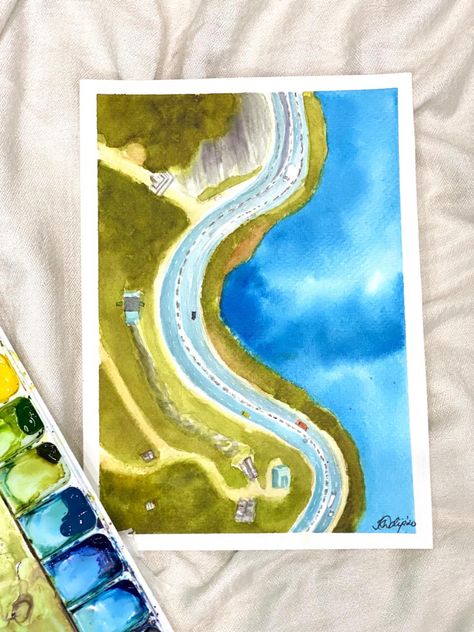 Easy watercolor landscape, aerial view painting, watercolor artwork Aerial Views Landscape Painting, Aerial Landscape Paintings, Birds Eye View Painting, Landscape Birds Eye View, View Watercolor Painting, Easy Watercolor Landscape, Aerial Views Landscape, Artwork Easy, View Painting