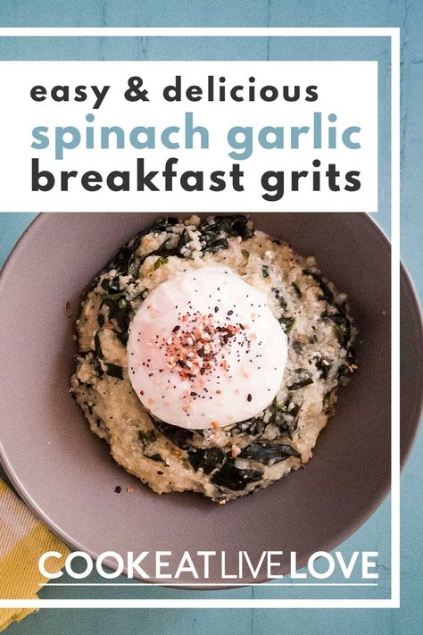 Grits are at the heart of a southern style breakfast.  Garlic and nutritional yeast punch up the flavor in this easy vegetarian breakfast bowl. Top off simple vegetarian breakfast recipe with a delicious perfectly cooked poached egg.  Learn the BEST method to make poached eggs for a quick and easy breakfast or brunch meal. Garlic Grits, Breakfast Grains, Grits And Greens, Cooking Poached Eggs, Breakfast Tacos Recipe, Breakfast Baking, Perfect Poached Eggs, Cheesy Grits, Mexican Breakfast Recipes