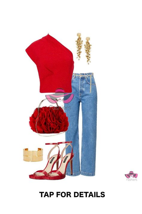 Casual date night with straight leg jeans red one shoulder top high heel red sandals and red clutch bag #datenightoutfit #ootddaily #fashionlove #fashionover30 #fashionteaching #accessoryoftoday #stylecollective #outfitideasforwomen #aboutalook Red Outfit Casual, Red One Shoulder Top, Red Top Outfit, Red Clutch Bag, Outfit With Jeans, Red Clutch, Chic Wardrobe, Heels Red, Woman Outfit