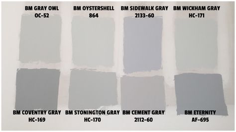 Benjamin Moore Gray Paint Swatches.  Natural light (light coming in from windows on opposite wall), southwest facing room, 2:30 pm. Gray Owl OC-52, Oystershell 864, Sidewalk Gray 2133-60, Wickham Gray HC-171, Coventry Gray HC-169, Stonington Gray HC-170, Cement Gray 2112-60, Eternity AF-695 Light Green Gray Paint, Gray Paint Swatches, Benjamin Moore Cement Gray, Gray Paint Colors Benjamin Moore, Oyster Shell Benjamin Moore, Green Gray Paint Colors, Green Gray Paint, Wickham Gray, Painted Rooms