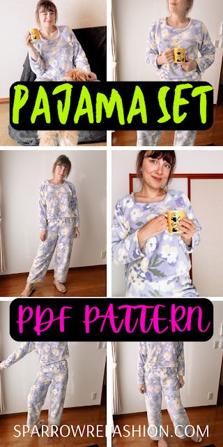 How to Sew a Cozy and Cute Winter Pajamas Set with a Free PDF Pattern | The Ultimate Sewing Guide for Beginners – Sparrow Refashion: A Blog for Sewing Lovers and DIY Enthusiasts Sewing Pajamas Women, Pajama Top Pattern Free, Pj Pattern Womens Free, Pajama Set Pattern Sewing, Pajama Shirt Pattern, Cute Winter Pajamas, Pajama Pants Pattern Free, Pajama Pants Pattern, Sparrow Refashion