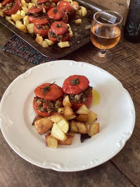 Rachel Roddy’s recipe for stuffed tomatoes | Food | The Guardian Malted Milk Biscuits, Rachel Roddy, Milk Biscuits, Stuffed Peppers Recipe, Rome Food, Stuffed Tomatoes, Malted Milk, Diced Potatoes, Brown Kitchens