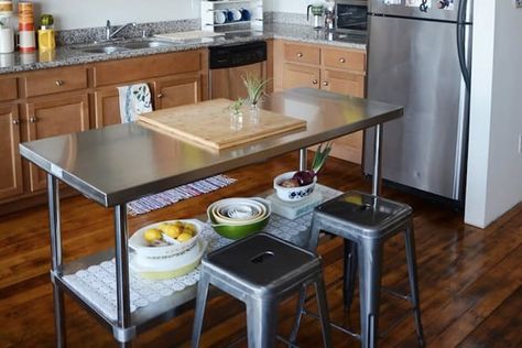 Stainless Steel Island With Seating, Stainless Steel Table Kitchen, Stainless Steel Prep Table Island, Stainless Steel Prep Table In Kitchen, Stainless Steel Island Kitchen, Metal Island Kitchen, Old And New Kitchen, Kitchen Island Stainless Steel, Stainless Steel Kitchen Table