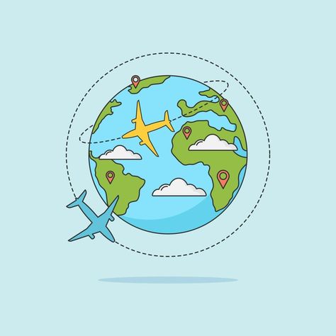 Plane and globe. Aircraft flying around Earth planet with continents and oceans. Flat vector illustration. Flight plane, world travel air Globe Illustration, Plane Drawing, Continents And Oceans, Earth Planet, Flat Vector Illustration, Cityscape Photos, Flat Vector, Travel Board, World Travel