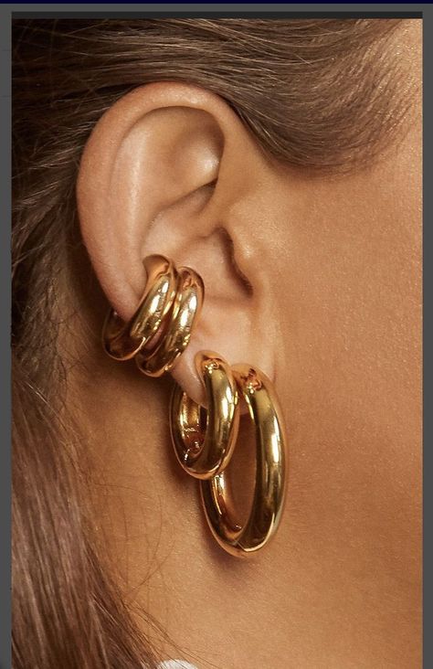 Dope Jewelry, Chunky Jewelry, Hoop Earring Sets, Stacked Jewelry, Jewelry Lookbook, Jewelry Photography, Ear Jewelry, Jewelry Inspo, Gold Hoop