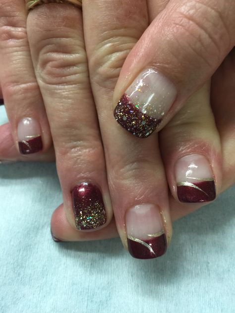 Maroon Glitter French Tip Nails, Burgundy Gel Nails With Glitter, Burgundy Silver Nails, Burgundy Nails With Glitter, Burgundy Nails With Gold Glitter, Burgundy Nails Gold Accent, Burgundy Nails With Gold Leaf, Burgundy Nails With Gold Foil, Neutral Wedding Nails