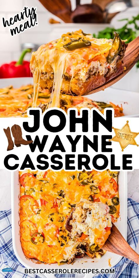 Savory, hearty and down home, this John Wayne casserole with ground beef, beans, corn and cheese over potato chips or Fritos makes hamburger dinners unforgettable with the help of a tasty secret sauce. John wayne casserole recipe, hamburger casserole, john wayne casserole. Franks And Beans Casserole, Hoppin John Casserole, Hungry Man Casserole, John Wayne Casserole With Biscuits, Beef And Biscuit Casserole, John Wayne Casserole Recipe, Hamburger Casserole Recipes, Hamburger Dinners, Sandwich Casserole