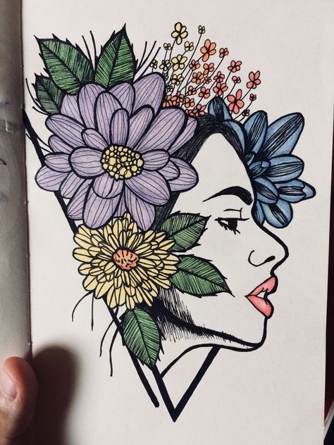 Woman With Flowers, Doodle Art Journals, Doodle Art Drawing, Art Sketches Pencil, Sketchbook Art Journal, Doodle Art Designs, Mandala Design Art, Pencil Art Drawings, Art Drawings Sketches Creative