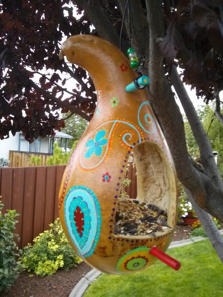 Gourd Bird Feeders, Gourds Diy, Bird Feeder Craft, Bohemian Crafts, Gourds Birdhouse, Decorative Gourds, Hand Painted Gourds, Diy Bird Feeder, Gourds Crafts