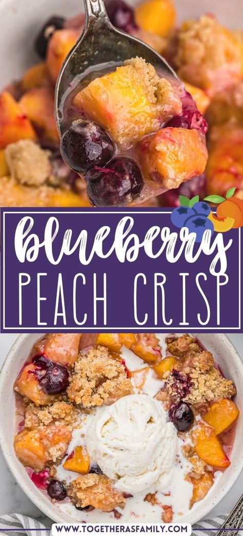 Use up those fresh, ripe, & juicy peaches with this Peach Blueberry Crisp. Chunks of sweetened peaches and blueberries topped with a buttery brown sugar crisp topping. This crisp dessert recipe is best served with a scoop of vanilla ice cream! Peach Blueberry Crisp, Oatmeal Crumble, Blueberry Crisp, Peach Crumble, Peach Blueberry, Fruit Crumble, Peach Crisp, Fruit Crisp, Fruit Cobbler