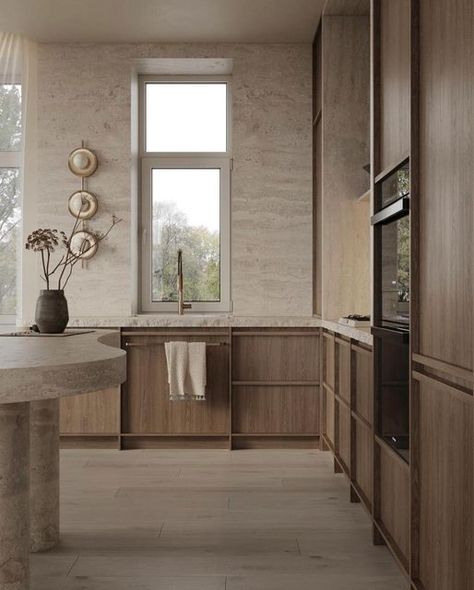 The Epicurean on Instagram: "ALL THINGS NEUTRAL — Love this mix of natural colored wood & travertine. Designed by @leyla_interiors" Travertine And Wood, Neutral Kitchen Designs, Minimalistic Interior Design, Italy Kitchen, Taupe Kitchen, Minimalistic Interior, Timber Kitchen, Nice Kitchen, Dark Wood Kitchens